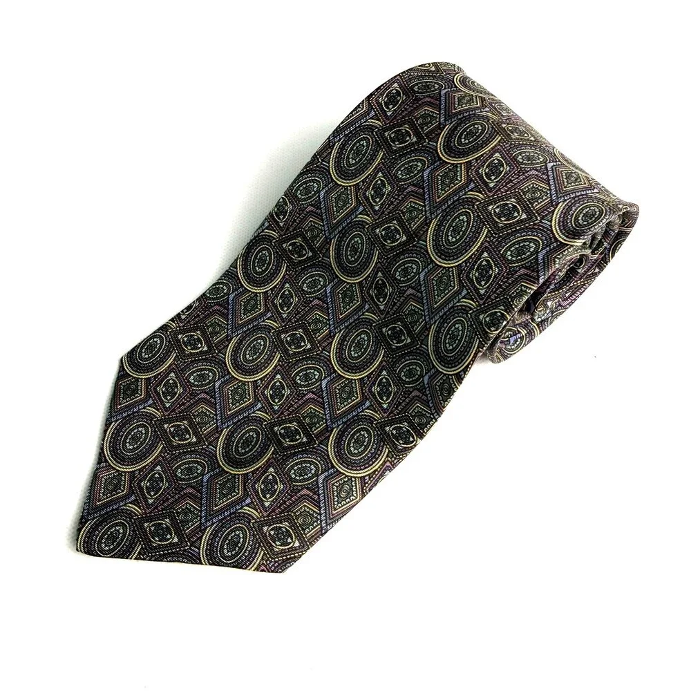 VTG Woodward’s Classic 100%Silk Tie Abstract Geometric Oval Diamond Green Purple